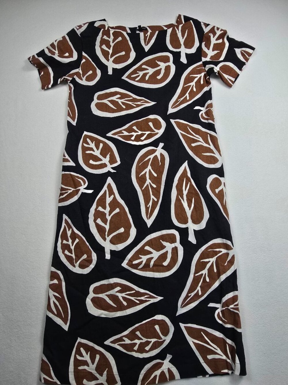 Who What Wear Black Brown Leaf Print Linen Blend Midi Maxi Dress Short Sleeve S